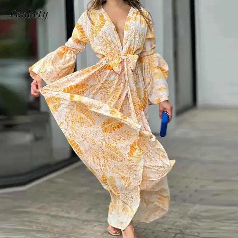 

2023 Spring Fashion Pattern Print Bohe Long Dress Lady Casual Flare Sleeve Party Dress Fall Elegant V-neck Bow Tie-up Maxi Dress