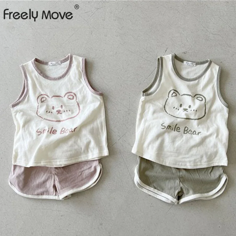 

Freely Move Toddler Boys Girls Summer Sport Clothes Kids Printing Cotton Casual Short Sleeve Tank Top+ Shorts Children Outfits