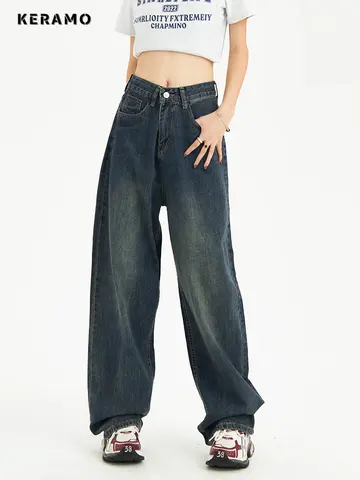 Vintage High Waist Women Jeans Streetwear Design Wide Leg Jean Female Denim Trouser Straight Baggy Mom Denim Pants Feamle Y2K