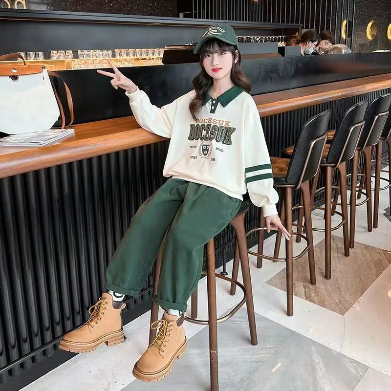 

2022 детский топ с длинным рукавом и брюки с широкими штанинами для девочек, детская спортивная одежда, комплекты для подростков, весна-осень 5-14 лет