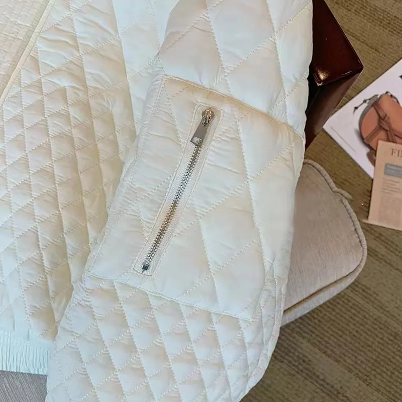 White Rhomb Cotton-Padded Padded Women Spring and Autumn 2022 New Niche Temperament All Go with Loose and Thick Baseball Jacket