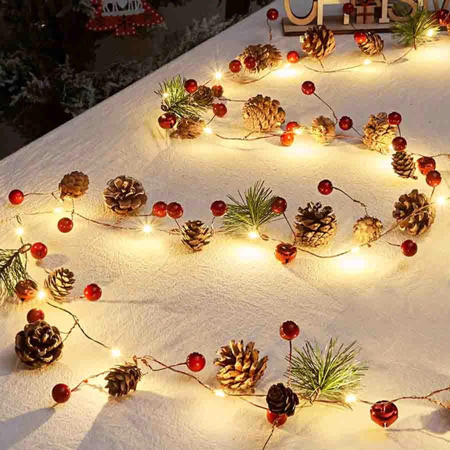 Christmas Decorations LED Pinecone Berry Bell String Lights Battery Powered Xmas Tree Fairy Lights Garland for Holiday Lighting