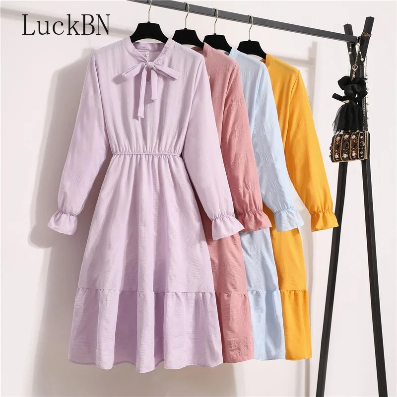 

Long Sleeve Chiffon Dresses Women Spring Solid Bow Neck Elastic Waist Office Lady Long Dress Female Flare Sleeve A-Line Dress