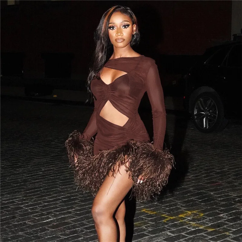 

Новинка Осень 2022 женское модное платье в европейском и американском стиле с рукавами от пота пикантное прозрачное облегающее платье с выре...