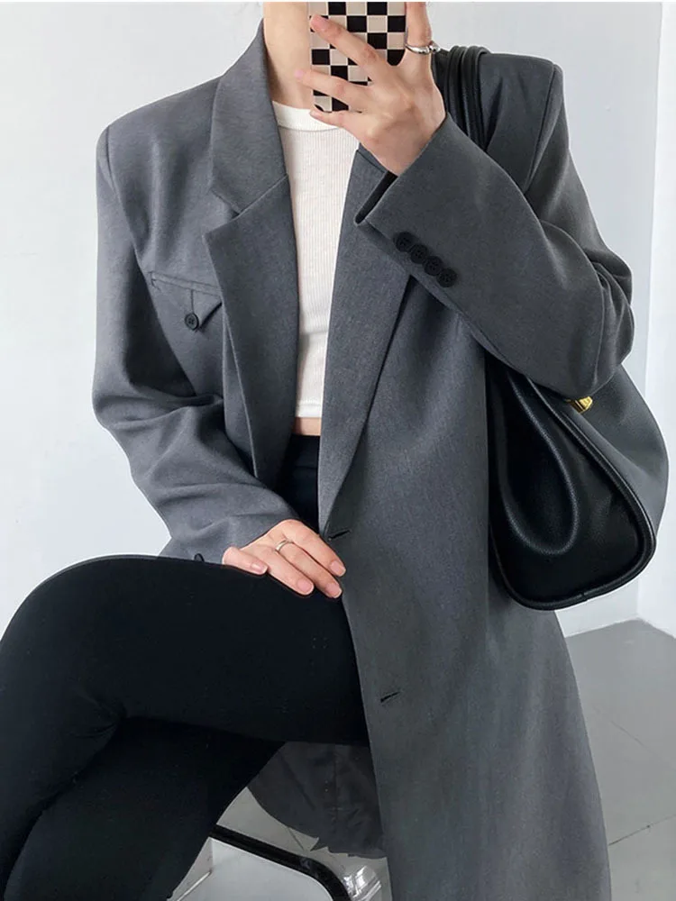 

2022 Spring Autumn Lapel Flap Detailed Double Breasted Elegant Long Blazer Black Gray Jacket Office lady Coat