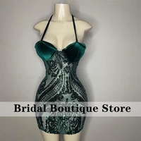 sexy green short prom dresses 2022 halter sparkly equins cocktail dresses graduation gowns robe de bal