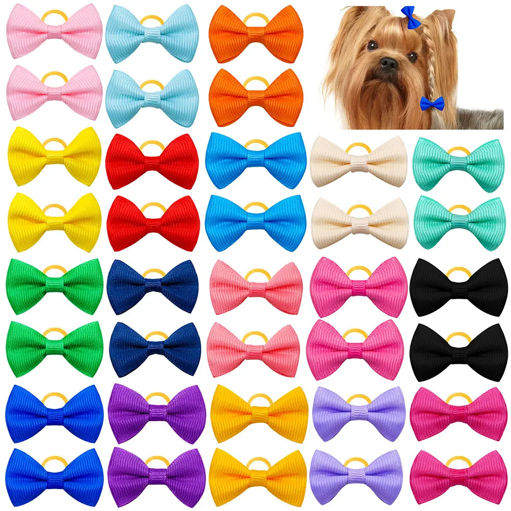 Colorful Dog Bowknot Pet Hair Bows Decorate Solid Color Bows with Rubber Band for Small Dogs Puppy Pet Headwear Dog Accessories
