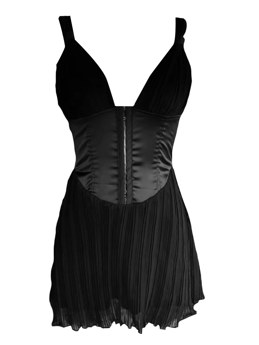 

Geagodelia Abito da Donna Sexy Vestito Nero Senza Maniche con Scollo a V Senza Schienale Mini Abito Estivo Patchwork a Pieghe