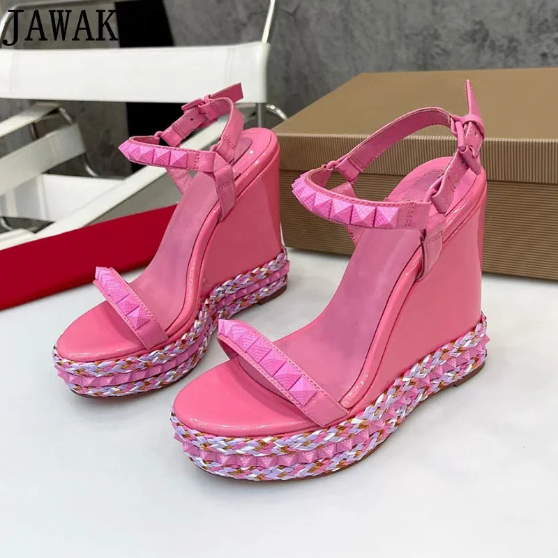 

Pink Leather Wedge Sandals High Heel Platfform Shoes Bohemian Casual Vacation Shoes Women High Quality Designer Studed Shoes