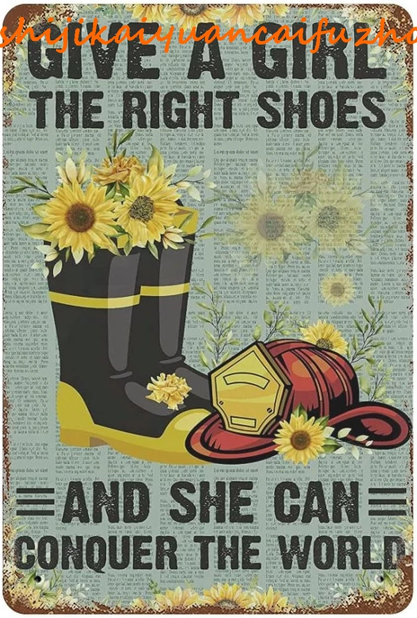 Забавная металлическая жестяная вывеска Пожарный Сапоги Подсолнух Девушка