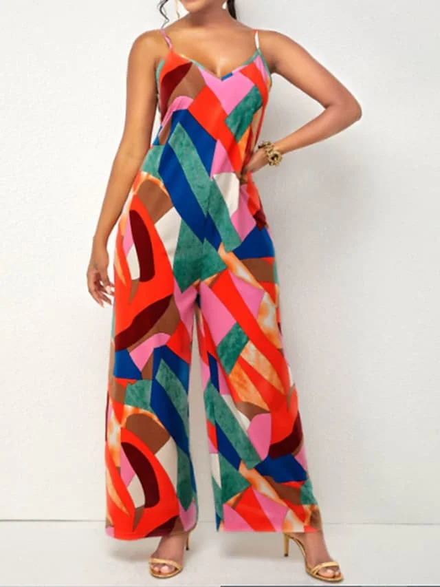 

Women's Jumpsuit Backless Print Color Block V Neck Streetwear Street Vacation Regular Fit Sleeveless Rainbow S M L Spring
