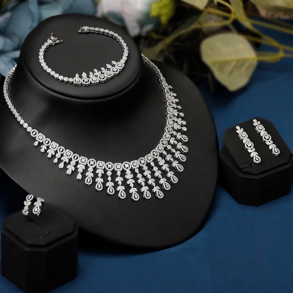 

JEWEL Women Fashion Jewelry Set 4 PCS Necklace Ring Earrings Bracelet Shiny Cubic Zirconia Super Quality Lady Accessories