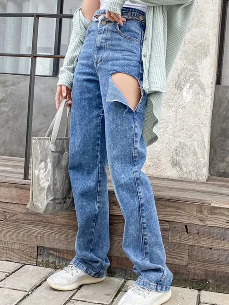 

Брюки женские прямые с дырками, пикантные свободные узкие джинсы с завышенной талией, модная красивая уличная одежда, рваные широкие брюки ...