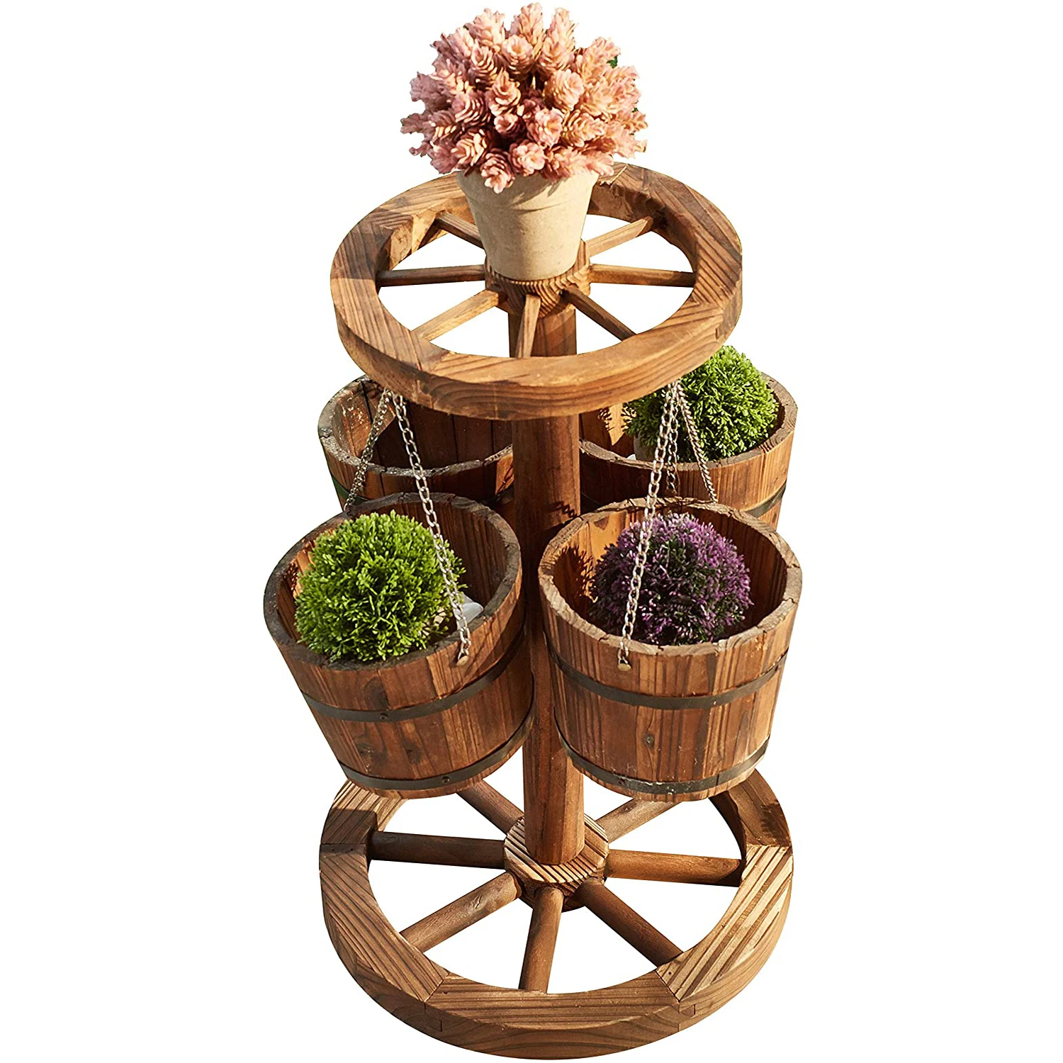 

Flower Pot Stand Rustic Courtyard Wooden Carriage Bucket Wheel Flower Pot with Bucket (US spot)