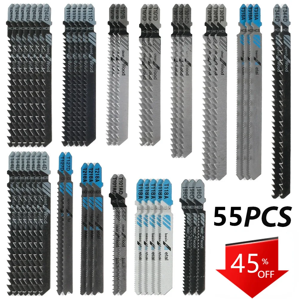 

Лезвия для лобзика, 55 шт., прямые режущие инструменты, Т-образный хвостовик, лобзик, лезвие для металлической и стальной пилы в ассортименте, лезвия для деревообработки, режущий лобзик