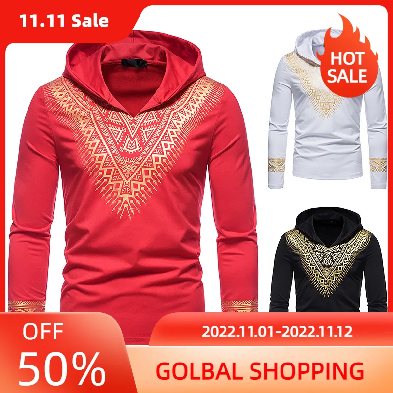 

LUCLESAM Men's Bronzing Hooded Sweatshirts Ethnic Style Pullover Hoodie 2022 New Fashion Casual Long Sleeve Shirt Red Black