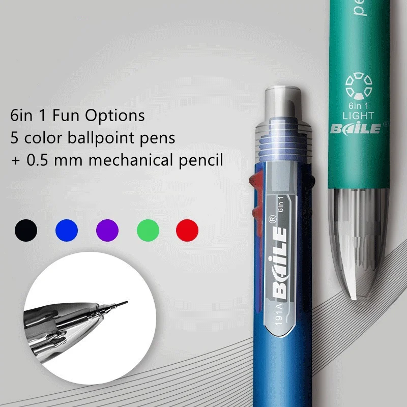 5 / 7Pcs / set 6 In 1 Multicolor Ballpoint Pens 5 Colors Ball Pen 1 Automatic Pencil With Eraser For School Office Supplies