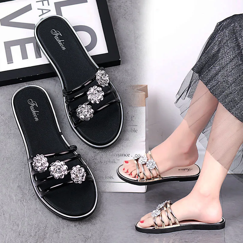 

Female Slippers 2023 New Summer Semi Trailer Fashion Flower Beach Sandals Flat Bottomed Casual Flip Flops Women Design Slippers