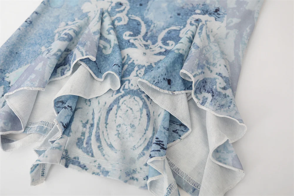 Лидер продаж женская синяя блузка с оборками и принтом из пятен открытыми