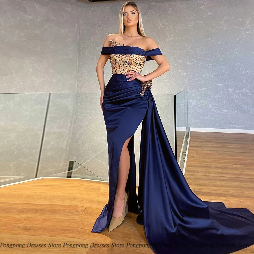 

Mermaid Evening Dresses Sequin Off-the-shoulder Rhinestone High Slit Print Open Back Party Glitter Women Dress Vestidos De Fies