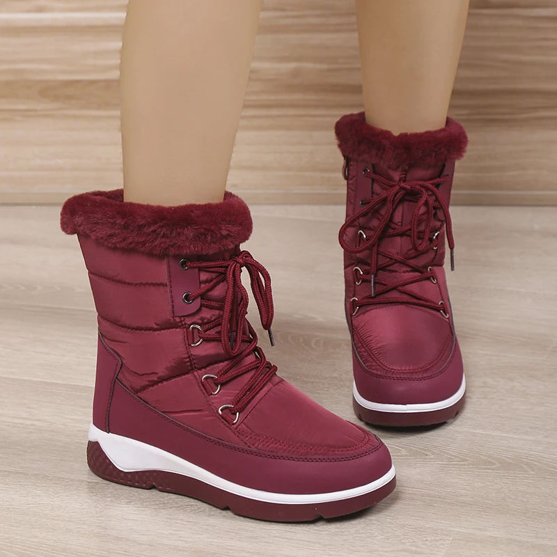 Snow Boots Waterproof Non-slip Shoes Winter for Women's Platform High Heel Mid Calf Short Luxury Furry Army Ladies Sneaker Plush