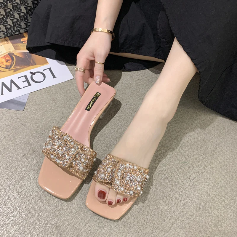 Summer sandals women's plus size slippers 2022 new fashion crystal sandals pearl open toe high heel slippers Roman shoes