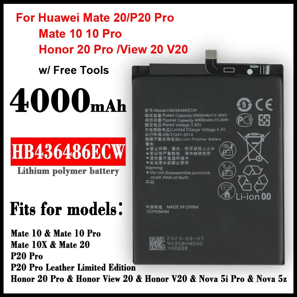 Новый 4000мАч HB 436486 Аккумулятор для телефона ECW Huawei P20 Pro/Mate 20 10/10Pro/HMA-L09 L29/Honor Pro View 9i G10