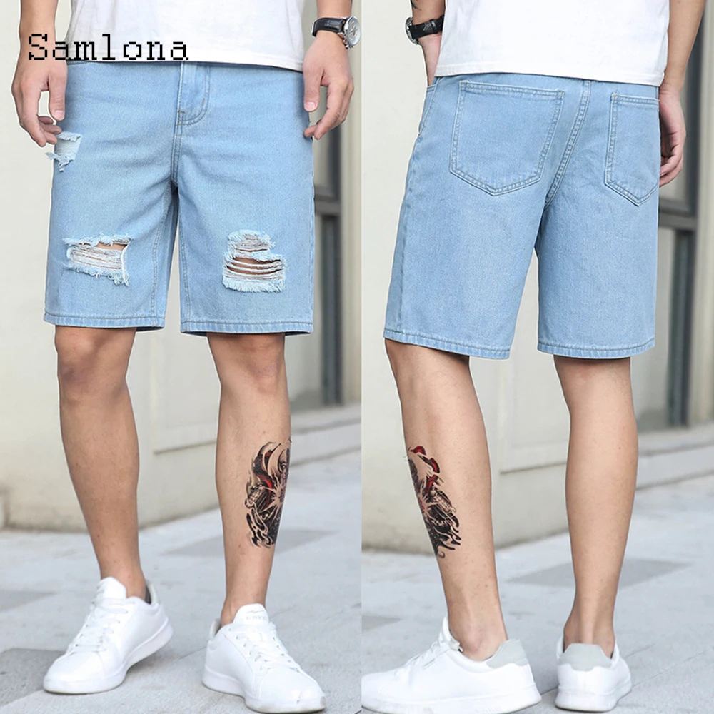 Samlona Men's Fashion Stand Pocket Demin Shorts Casual Hole Ripped Half Pants 2022 European Style Light Blue Short Jeans Homme