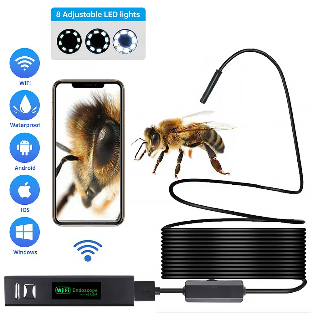 

1200P WiFi Endoscope Mini Camera Waterproof Inspection USB Borescope Snake HD 8mm Len Car Engine Drain Pip for Iphone Android PC