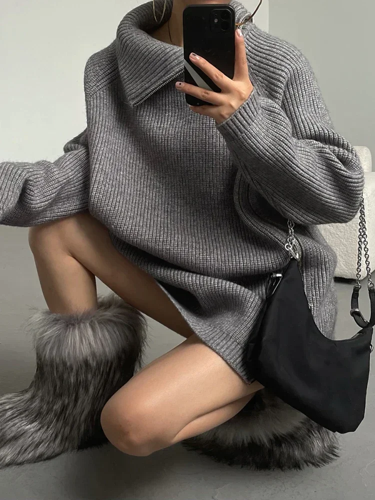 

Women's Sweater Turtleneck Zipper Fashion Women Sweaters Autumn Knitwears Loose Thick Warm High Neck Pullovers Woman Clothing