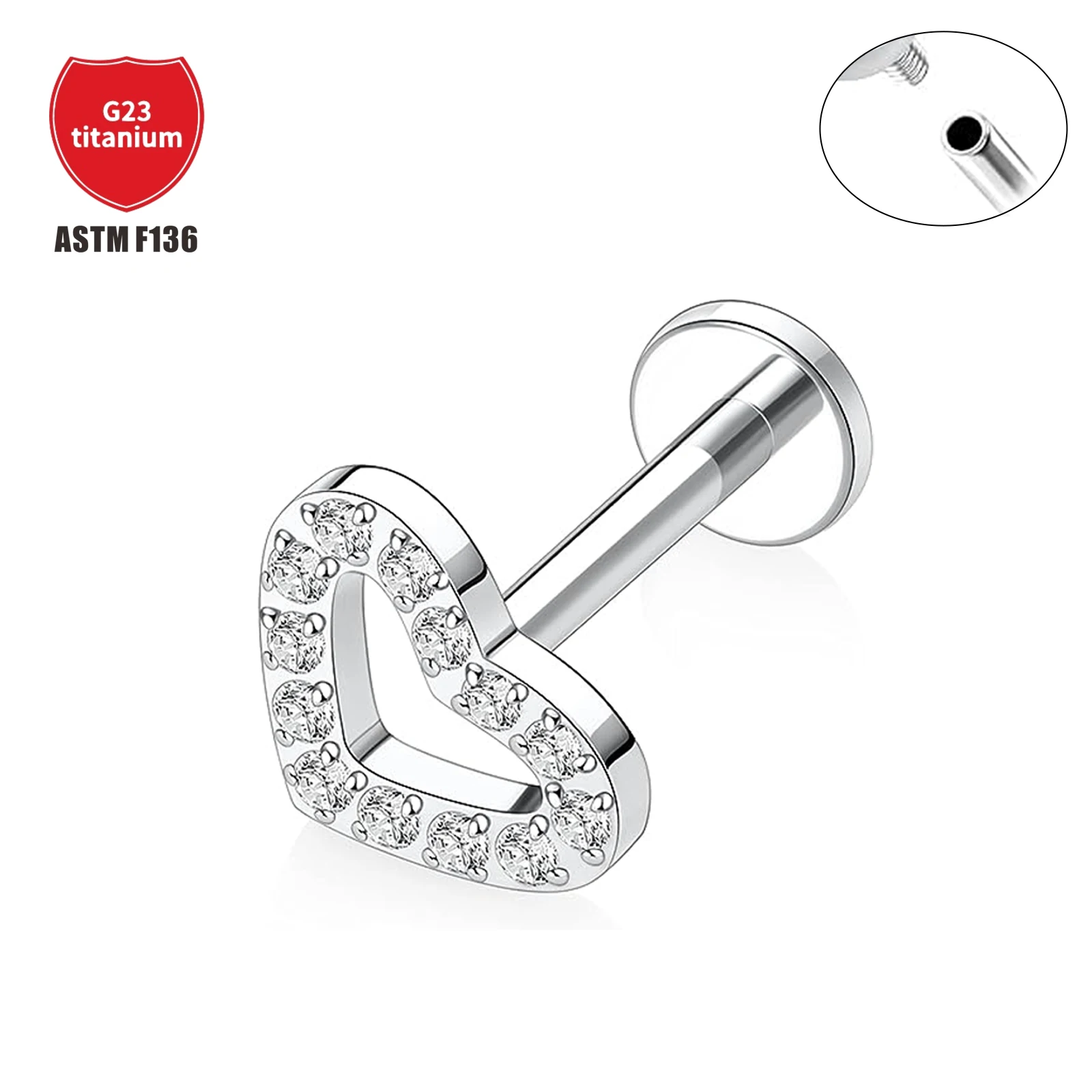 

1 Pcs F136 Titanium Heart Ear Bone Stud with Zirconia 16G Earrings 1 Shiny Punk Style Lip Stud Body Piercing Jewelry