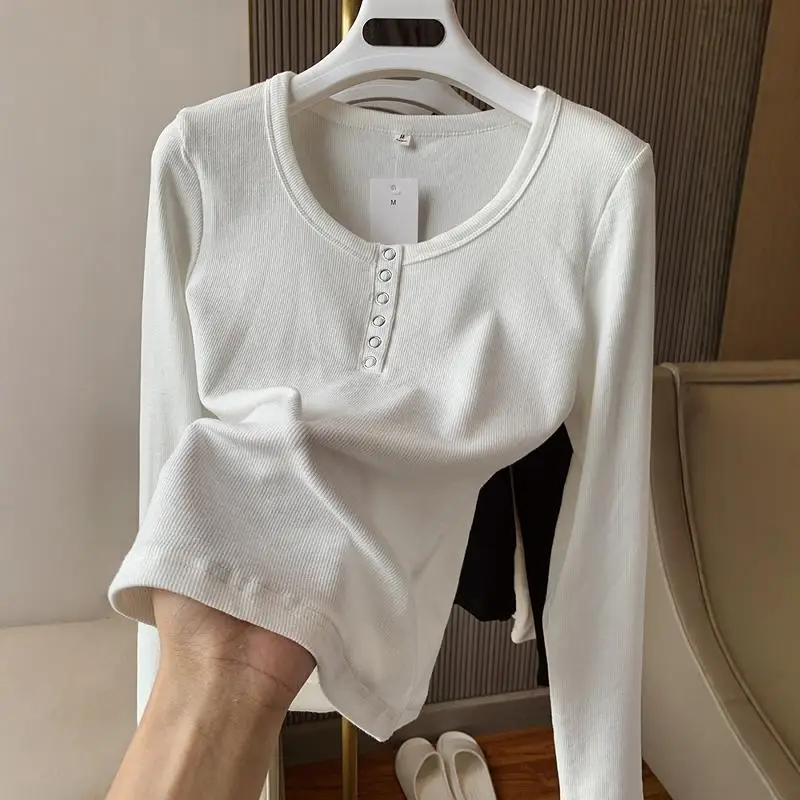 Рубашка Gyaru с длинными рукавами и U-образным вырезом облегающая сорочка из хлопка