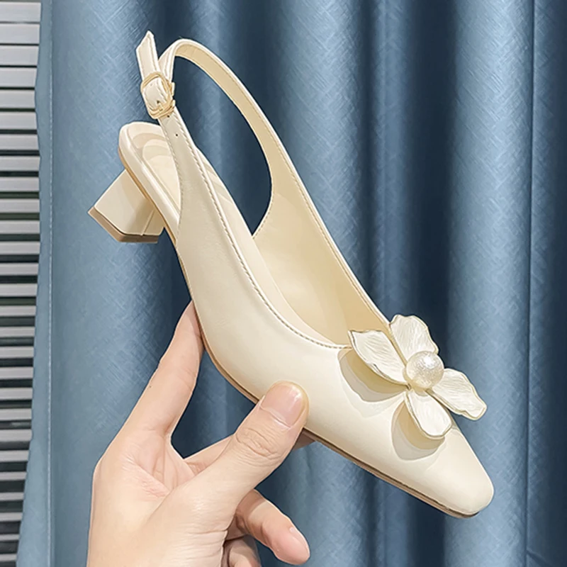 

Buckle Women Sandals Pumps Shoes 2022 Slippers Pearl Petals Female Casual Outdoor Slides Mules Square Toe Ladies High Heels