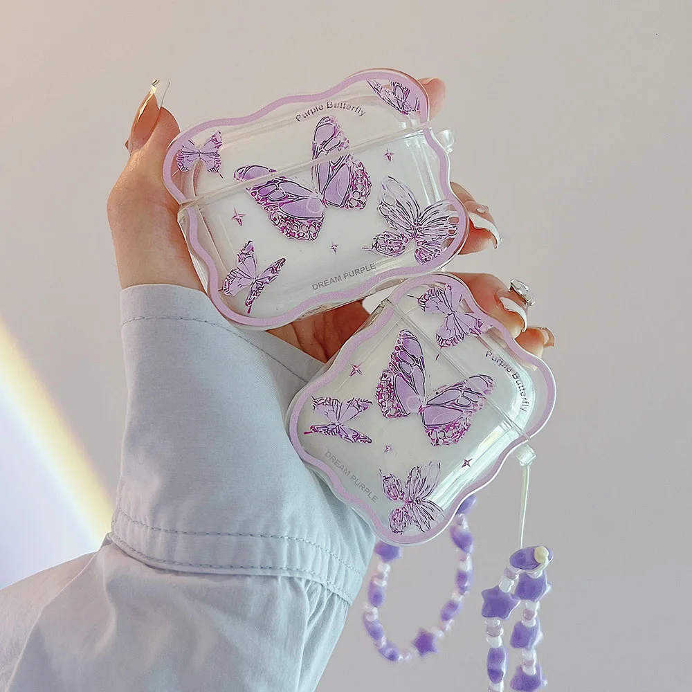 

INS Cute Purple Butterfly Wireless Earphone Clear Case with Chain For Apple Airpods 3 Pro 2 1 Air Pods Charging Box Bumper Cases