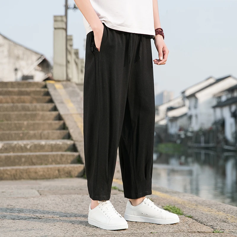 

Spring Summer Chinese Style Cotton Linen Radish Pants Loose Plus Size Ninth Pants Men Clothing Harajuku Casual Pants Male