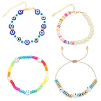 boho copper bead rope chain pearl polymer clay wrist bracelet rainbow blue lucky evil eye crystal bracelet for women men jewelry