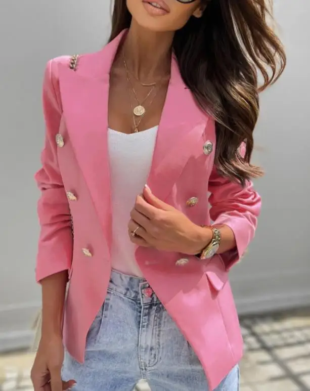 

Elegant Plain Coat Fashion Long Sleeve Notched Collar Double Breasted Flap Detail Button Office Lady Work Blazer