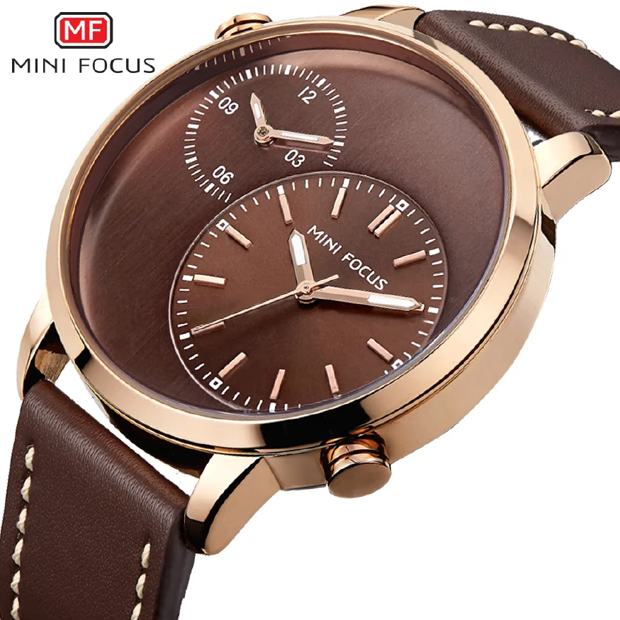 

MINI FOCUS Men Watches Fashion Casual Man Watch Top Brand Luxury Genuine Leather Busines 2 Time Zone Quartz-Watch Men Wristwatch