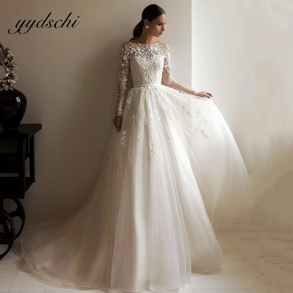 

2022 Elegant White Wedding Dres Tulle Illusion Appliques Bridal Gown Long Sleeves Vestido De Noiva Party For Women