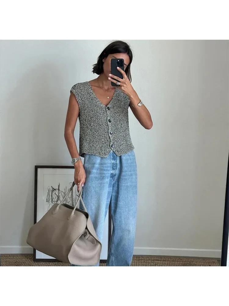 Женский Повседневный Вязаный Жилет Без Рукавов С V-образным Вырезом Однобортный