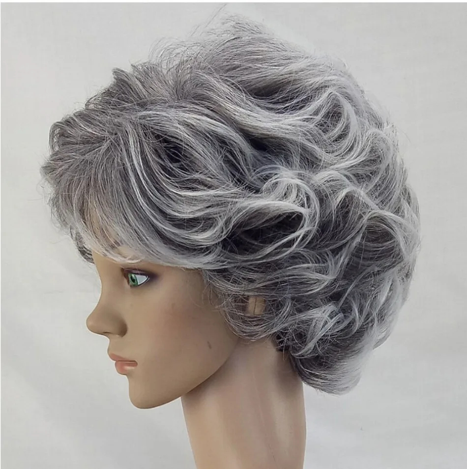 Фото Женский парик, 2 тона, серый, белый, омбре, синтетический, короткий, многослойный, с короткими вьющимися волосами, пышная челка, термостойкое волокно, бабушка, парик Cos №3