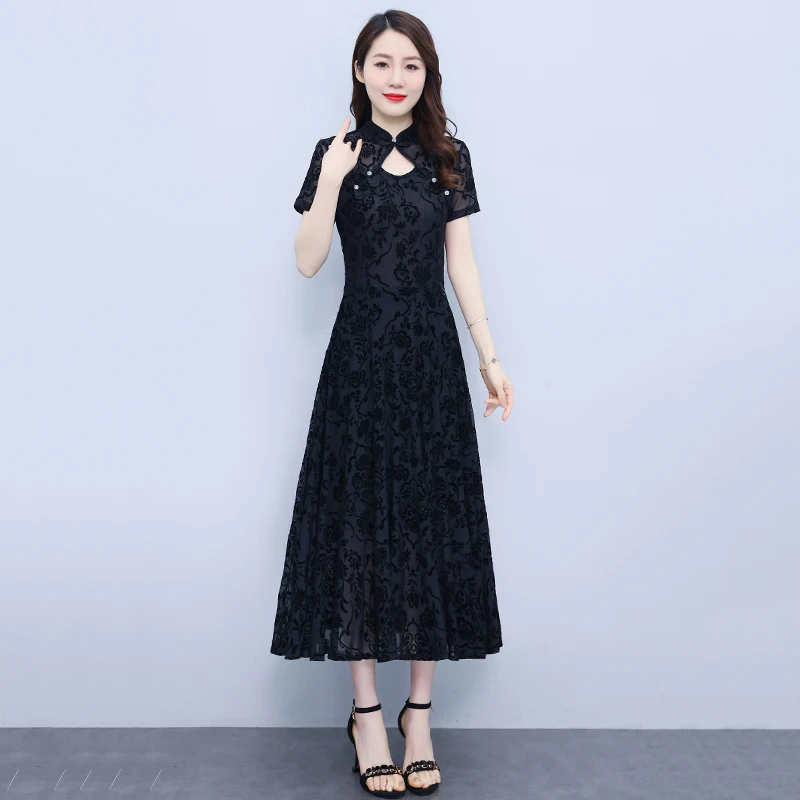 

New Elegant Women Cheongsam Chinese Style Lace Dress 2023 Summer Long Chic Slim Black Dance Party Office Lady Retro Clothing
