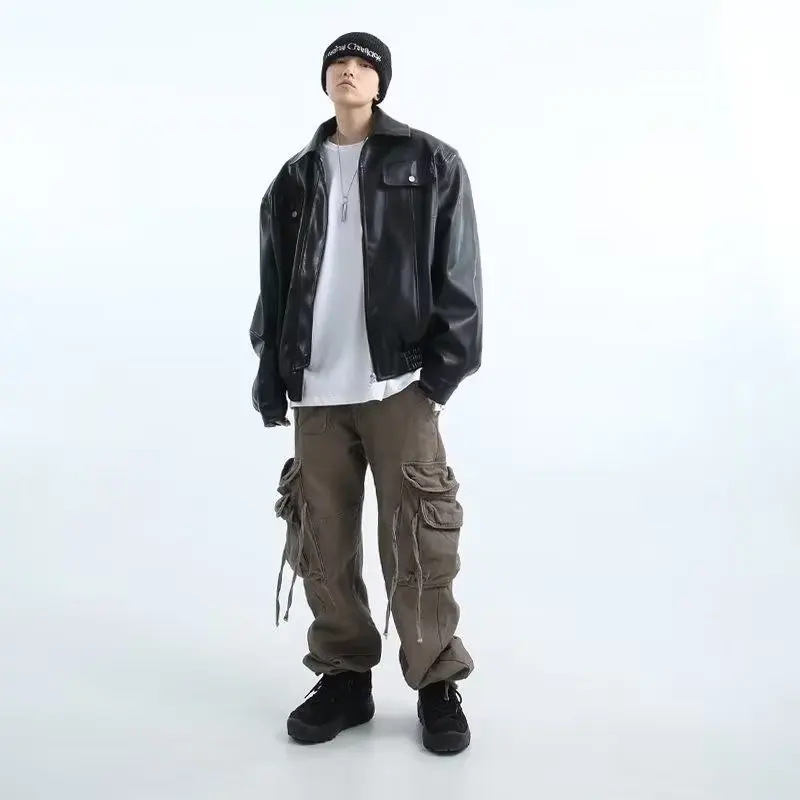 Мужская куртка из искусственной кожи в японском стиле Харадзюку мотоциклетные