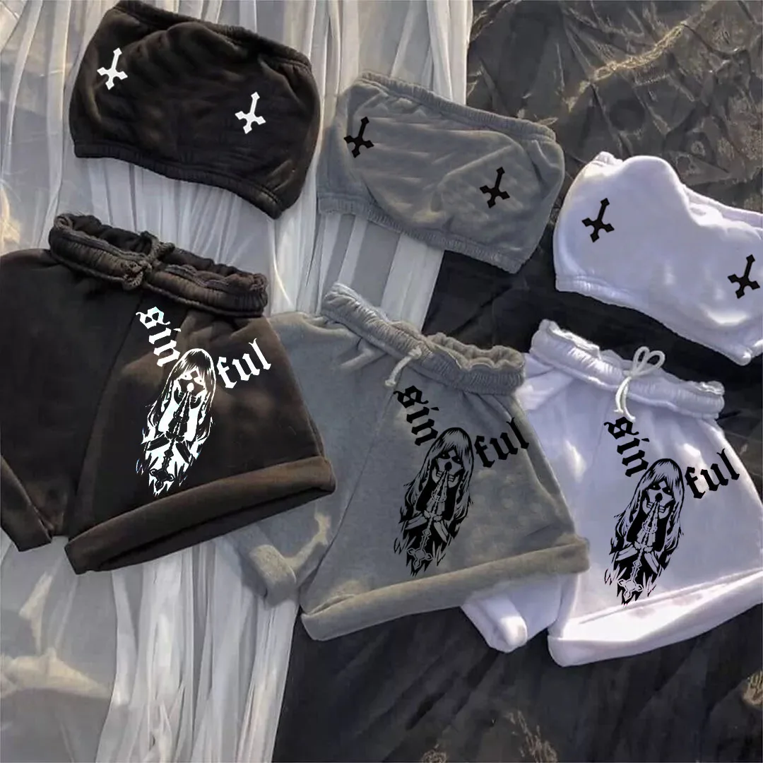 

New Sexy Goth Emo Women Tube Top Short Two-piece Suit Skull Cross Print Sports Outdoor Yoga Fitness Wear Beach Punk Style
