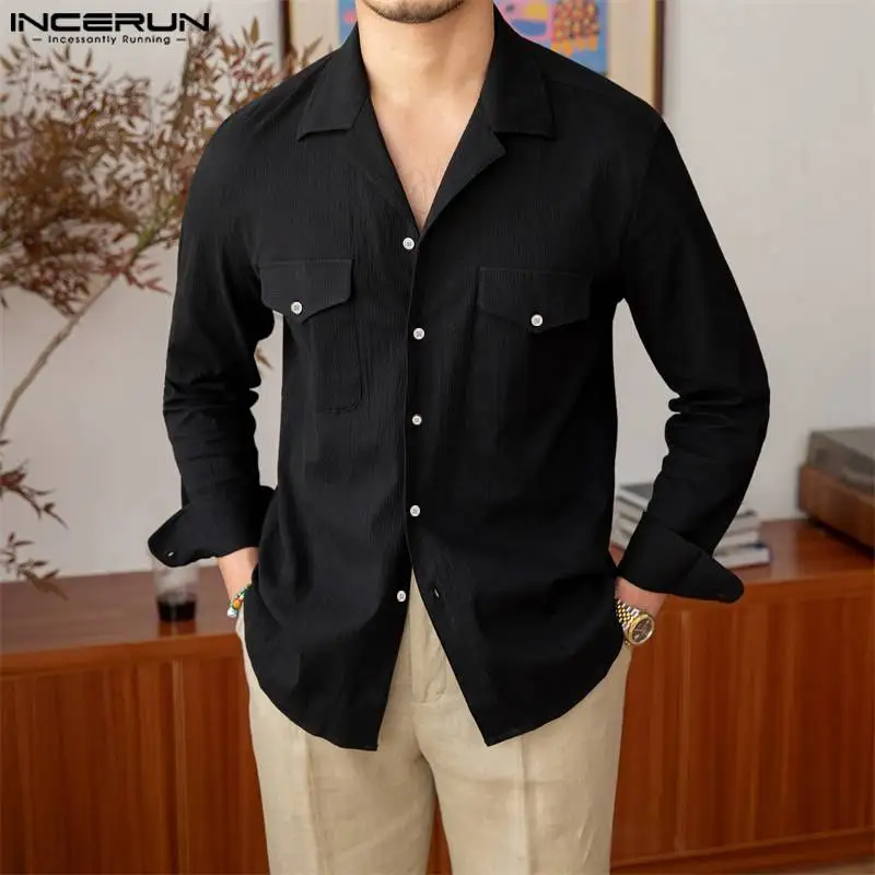 

Топы INCERUN 2023, мужские модные рубашки с двумя карманами в Корейском стиле, Повседневная Уличная одежда, однотонная блузка с длинным рукавом