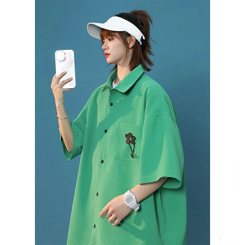 

Oversize American Waffle Half Sleeve Women Summer Tops Turn Down Collar Shirts Button Solid Flower Pocket Camisa Blouse Mujer