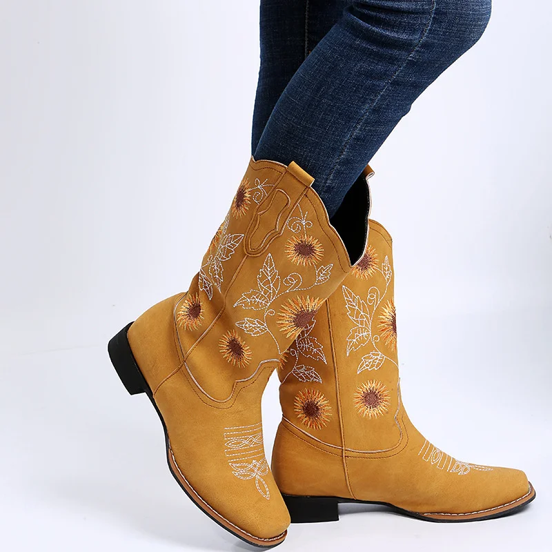 

Winter Women Boots Ethnic style Print Sunflower Mid Calf Round Toe Female Ankle Booties Buckle Riding Ladies Casual Shoes 2022