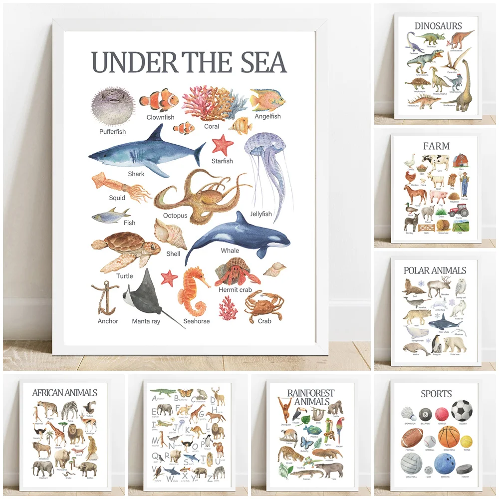 

Мультяшные животные Лев динозавр Акула баскетбольный плакат скандинавские принты настенное искусство детская комната гостиная плакаты холст живопись