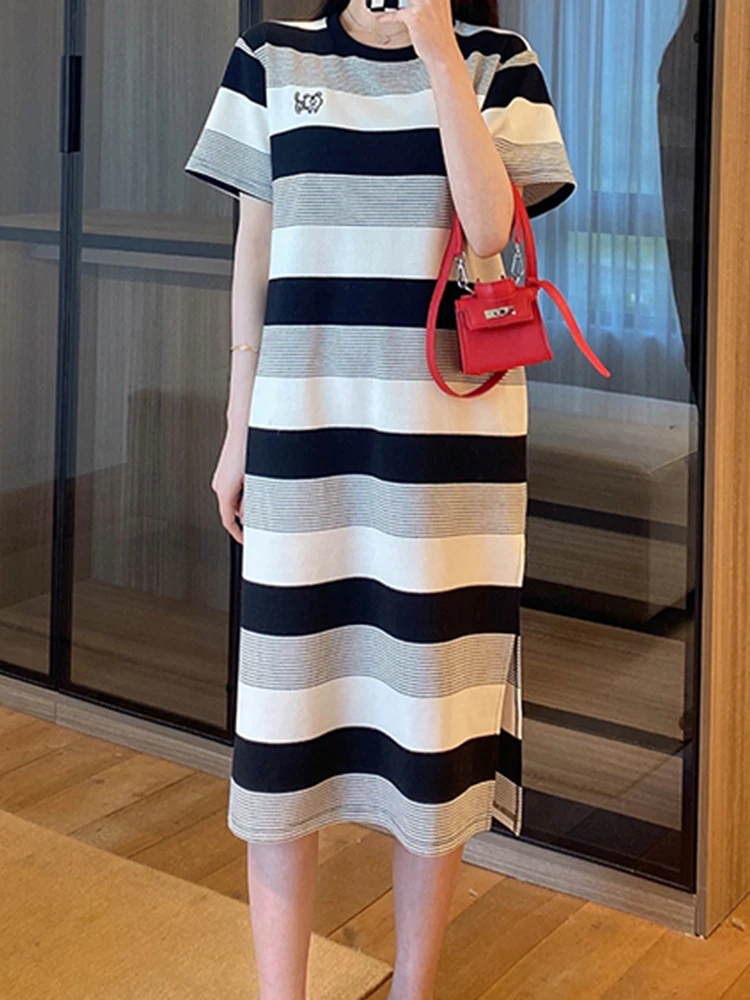 

Casual Dress 2022 Summer New Embroidered Stripes Thin T-shirt Skirt Round Neck Short Sleeve Dress Fashion Women's Clothing