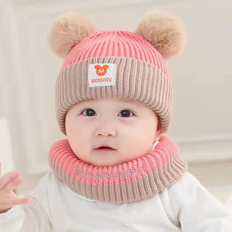

Baby Hat Scarf Set Bear Warm Winter Knitted Infant Cap Children Hats Bonnet Toddler Boys Girls Crochet Beanie Kids Accessorie